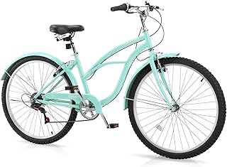 Women Bike, 26 Inch Beach Cruiser Bike, 7 Speed Commuter Bicycle with Ergonomic Upright Frame, Full Front & Rear Fenders and Foldable Front Basket (Green/Black/Red)