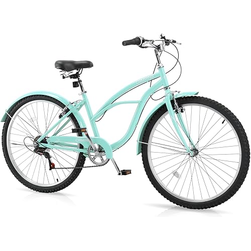 Women Bike, 26 Inch Beach Cruiser Bike, 7 Speed Commuter Bicycle with Ergonomic Upright Frame, Full Front & Rear Fenders and Foldable Front Basket (Green/Black/Red)