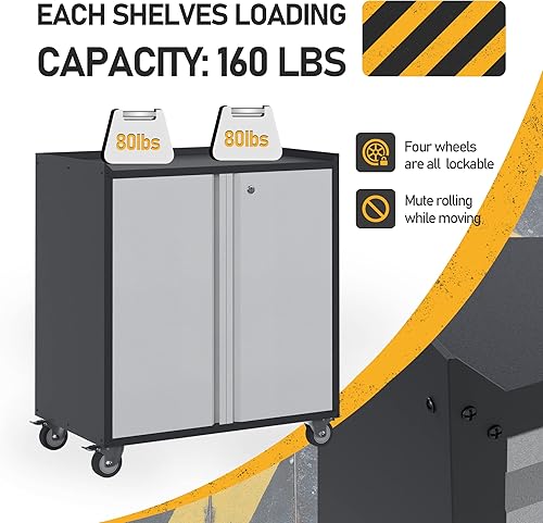 Miniatura 3 de Aobabo Armario de almacenamiento de herramientas de metal de 2 puertas con ruedas, caja de herramientas rodantes de acero con bloqueo, armario de