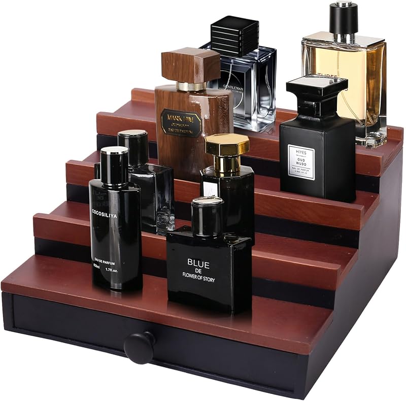 Organizador de Perfumes Masculino Fengligoo com 4 Níveis, Madeira, Gaveta e Compartimento Oculto, Preto e Marrom