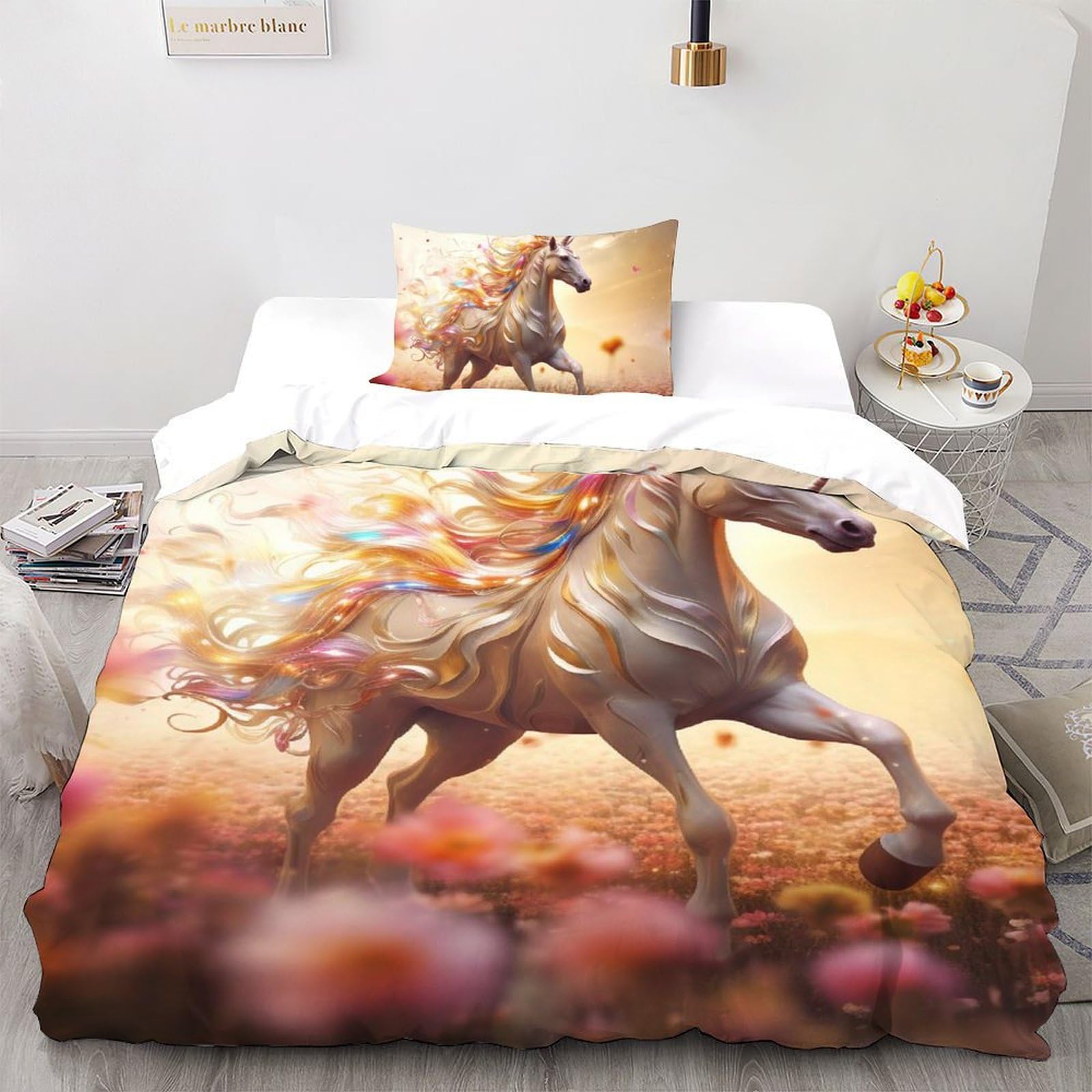 Housse de couette cheval blanc facile à laver pour le lit simple de vos enfants