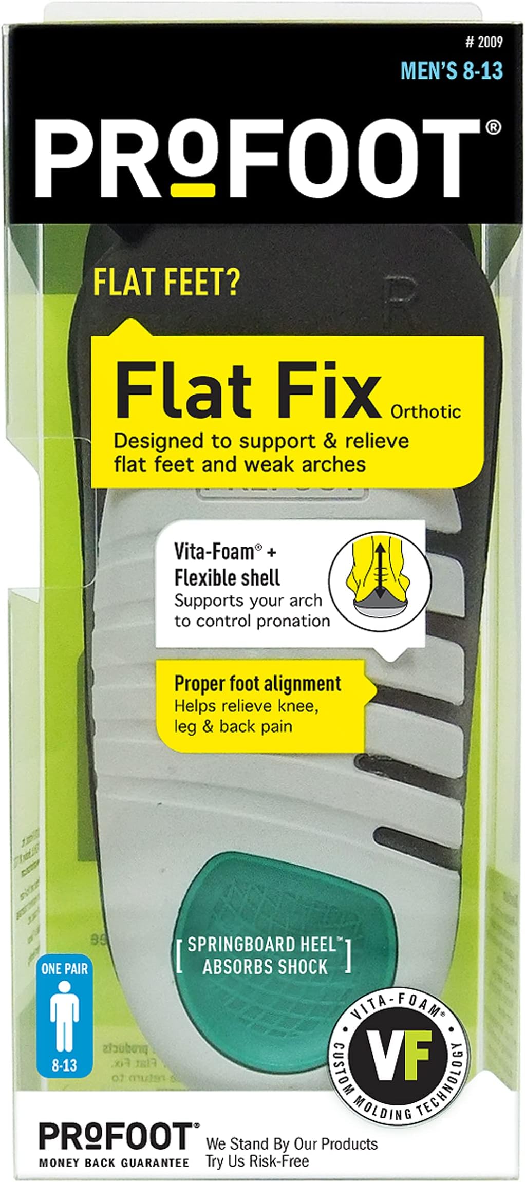 PROFOOT, Flat Fix Orthotic, Men's 8-13, 1 Pair, Orthotic Insoles for Flat Feet and Low Arches, Inserts Help Support Arch and Heel, Lightweight, Absorbs Shock to Help Reduce Foot, Leg, Hip, Back Pain