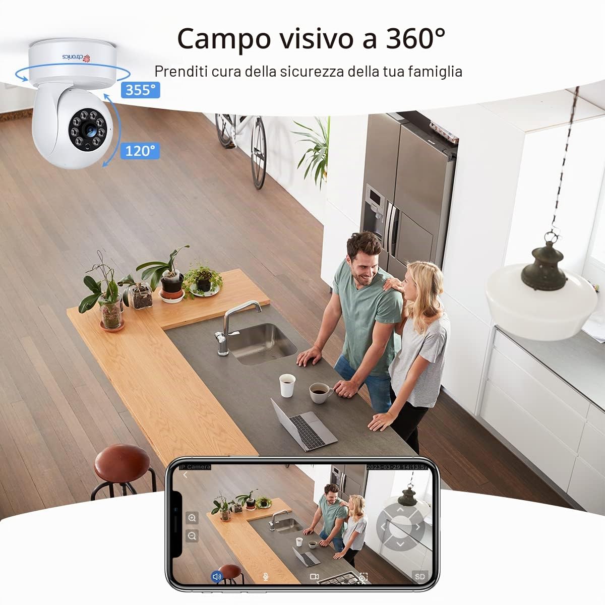 Ctronics 2.5K 4MP Telecamera Interno WiFi 2.4/5GHz, PC e Smartphone | PTZ 355°/120,8 Posizioni Preimpostate, Tracciamento Intelligente, Visione Notturna a Colori, Audio Bidirezionale, (2 Pezzi)
