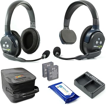 Eartec UL2SD Ultralite Full Duplex Wireless Headset Communication for 2 Users - 1 Single Ear and 1 Dual Ear Headsets with SolidSignal Cleaning Wipes Bundle