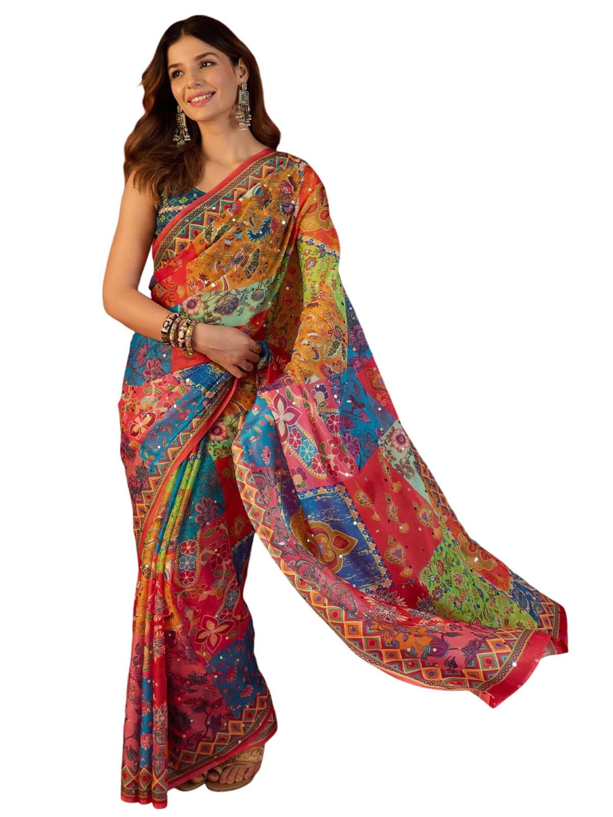 satrani Women's Printed Mirror Work Georgette Saree with Mirror Work Blouse-picture-21