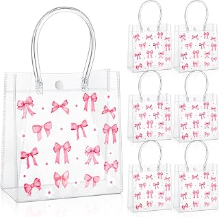 36 Pcs Pink Bow PVC Clear Gift Bag 5.9 x 6.3 x 2.7 Inches Clear PVC Gift Bags with Handles Reusable Treat Bowtie Plastic Tote for Wedding Birthday Coquette Party Favors