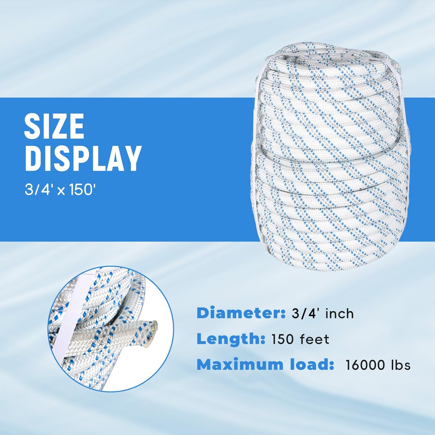 3/4 in x 150ft gray white blue arborist bull rope double braid polyester rigging hoisting line high strength tree rope for rigging, swing for rigging sailboat weathered line tree work