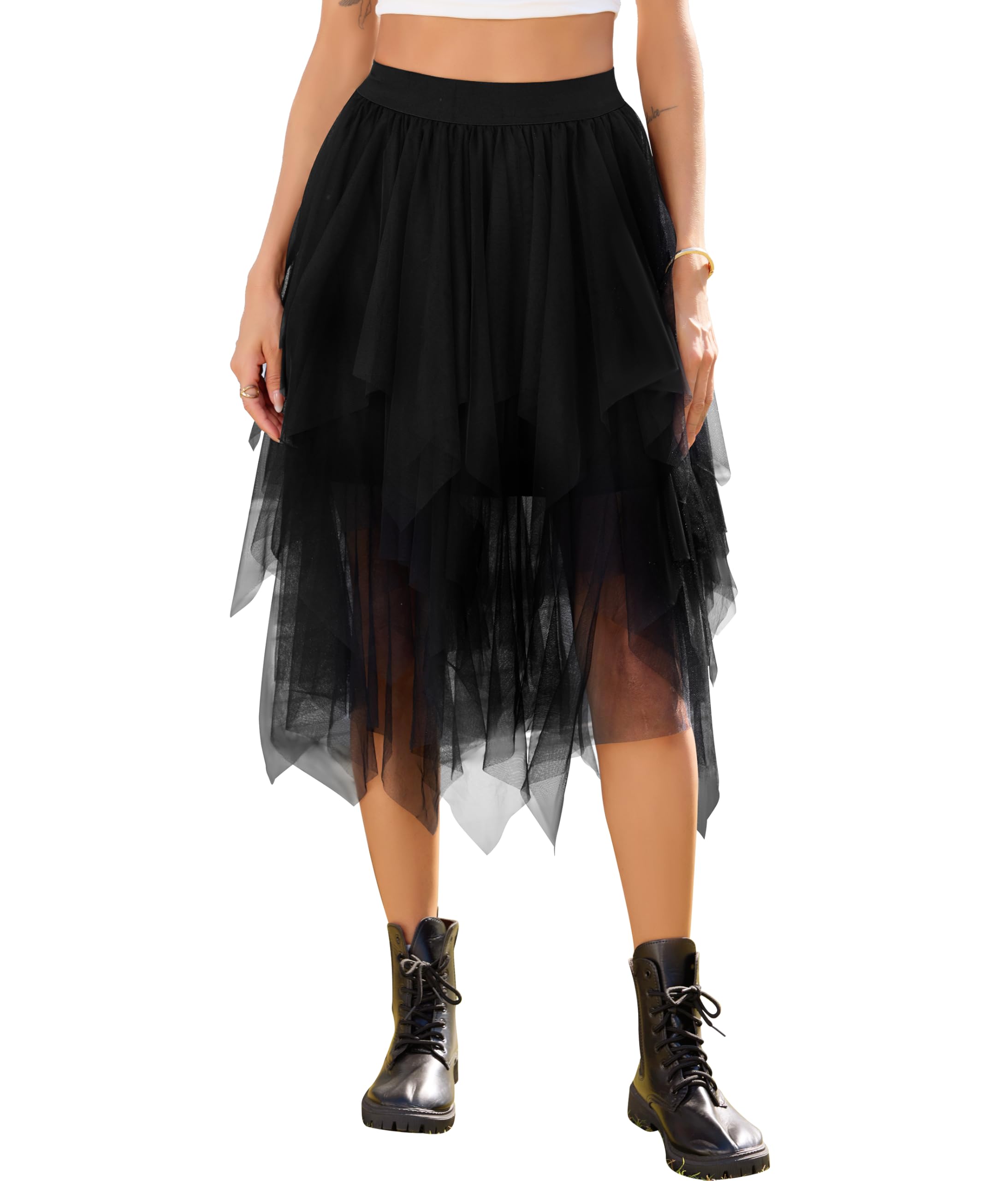 Lovasy Tüllrock Damen Schwarz Knielang High Low Layered Faltenrock Midi Rock A-Linie Unregelmäßiger Puffy Fee Röcke