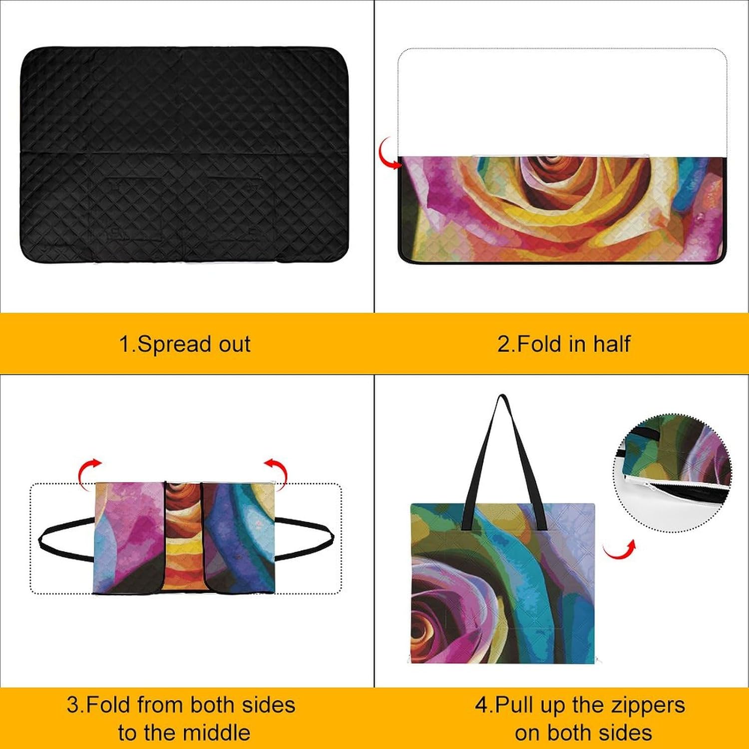 Rainbow Rose Flower Picnic Blanket Zipper Style Waterproof Foldable Outdoor,Picnic Mat Foldable As A Shopping Bag for Ladies, Portable Outdoor Blanket for Camping