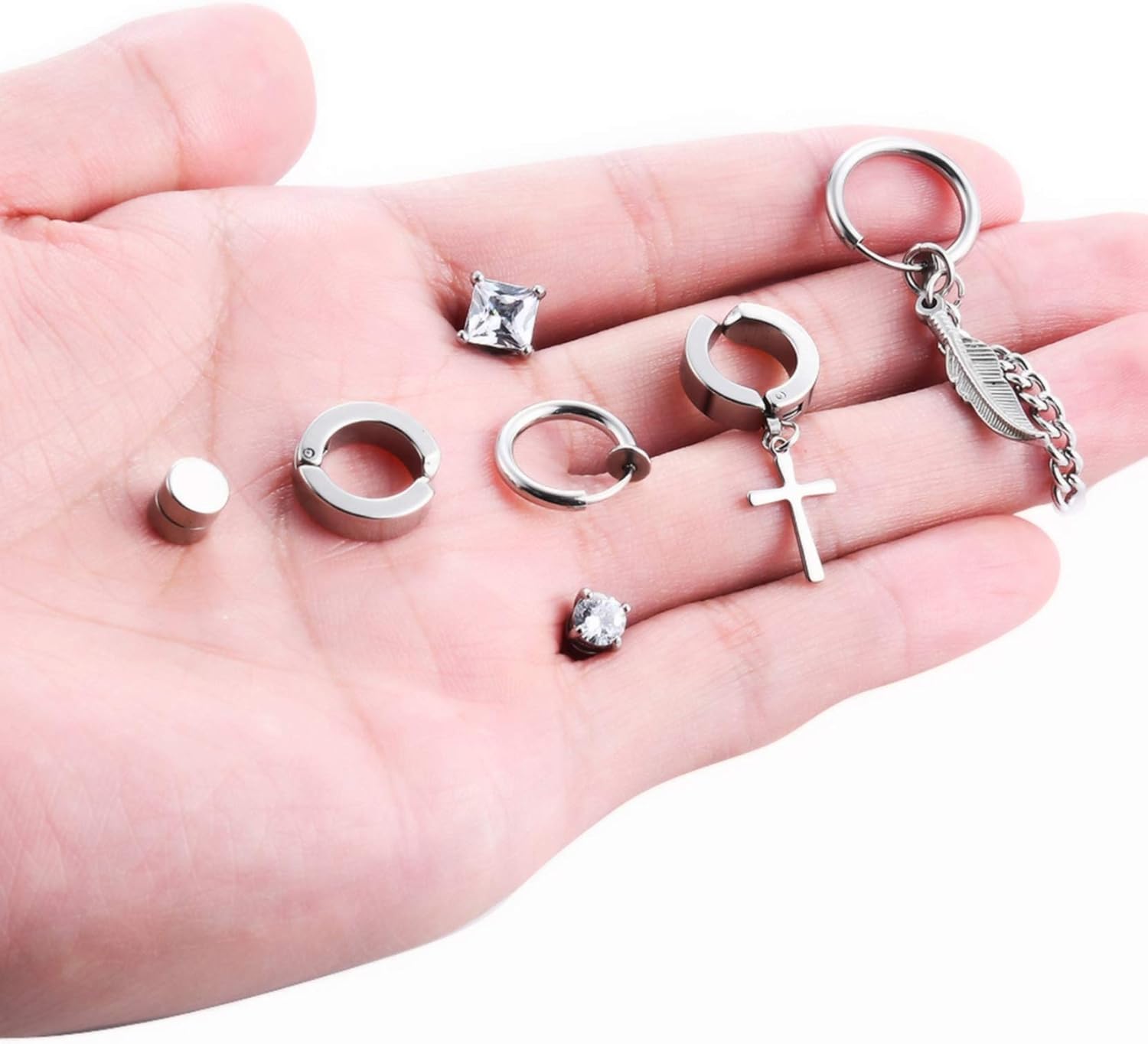 7 Pairs Magnetic Stud Earrings Stainless Steel CZ Clip On Earring Non-Piercing Huggie Hoop Earring Chain Feather Pendant Drop Dangle Earrings Set For Women Men Black Silver Tone - Image 5