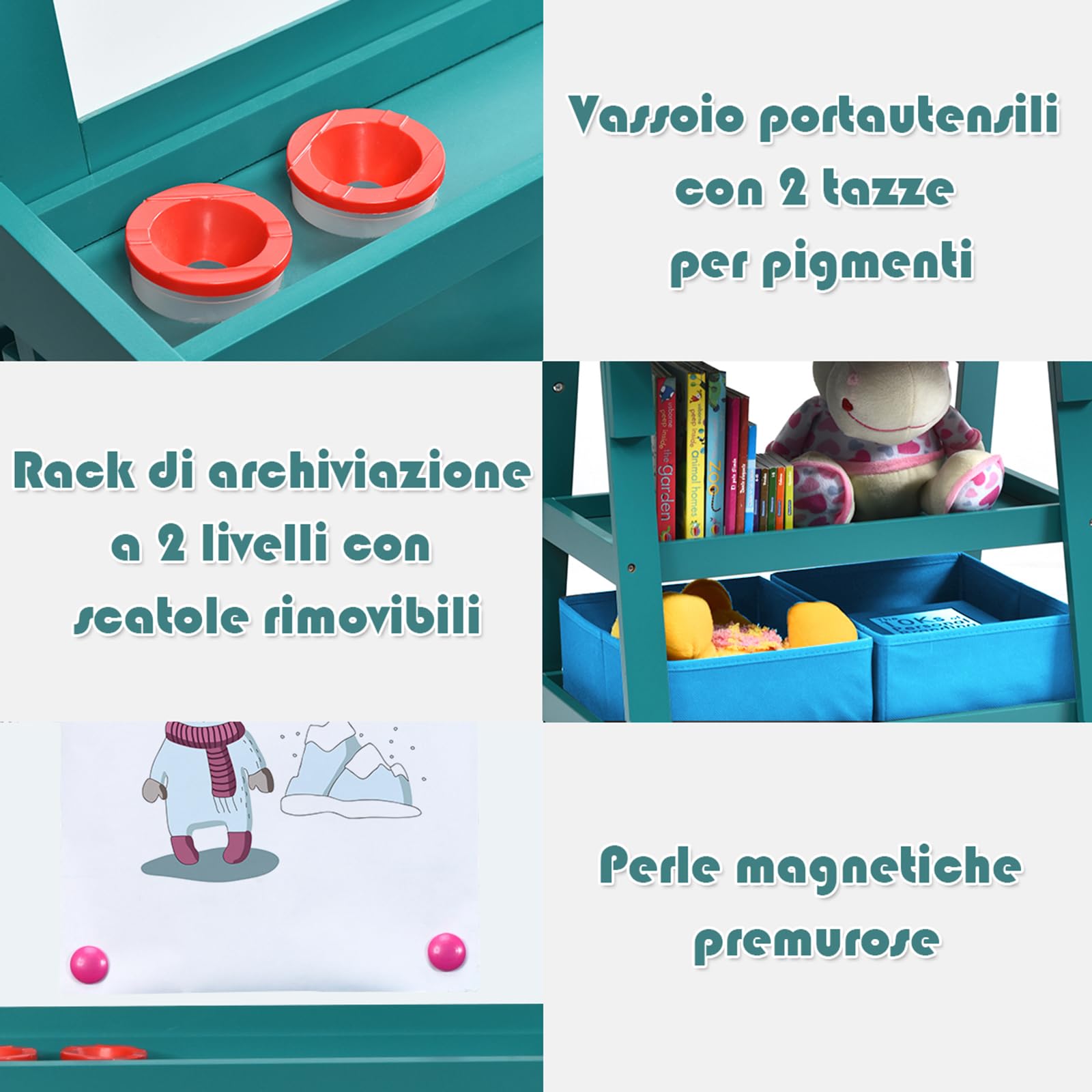 COSTWAY 3 in 1 Cavalletto per Bambini con Doppia Faccia, Cavalletto per Disegno con 2 Vassoi e 2 Scatole, Lavagna Bambini in Legno (Blu)