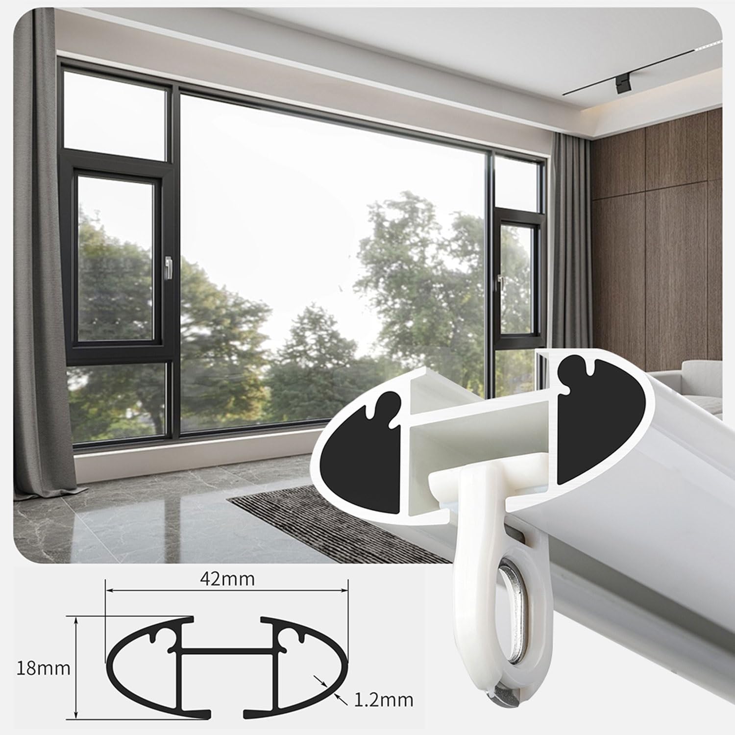 Diviseur De Pièce Muet Glisser,Rail De Rideau Avec Rouleaux Support Mural Pour Séparation De Pièce,Bureau,Salon,Chambre,Balcon,facile À Installer(Black,2.2M/7.2FT)