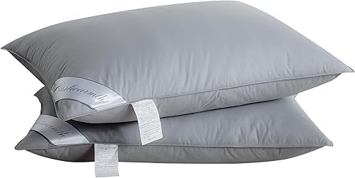 Paquete de 2 almohadas de plumas de ganso natural para dormir, 100% algodón, almohada de cama para dormir de espalda lateral, tamaño estándar, juego