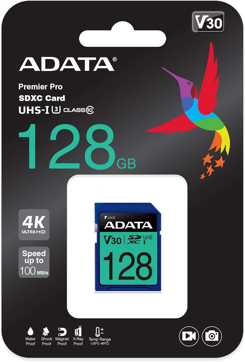 ADATA Premier Pro 128GB V30S SDXC UHS-I U3 V30 Class 10 Full HD and 4K UHD SD Memory Card (ASDX128GUI3V30S-R)