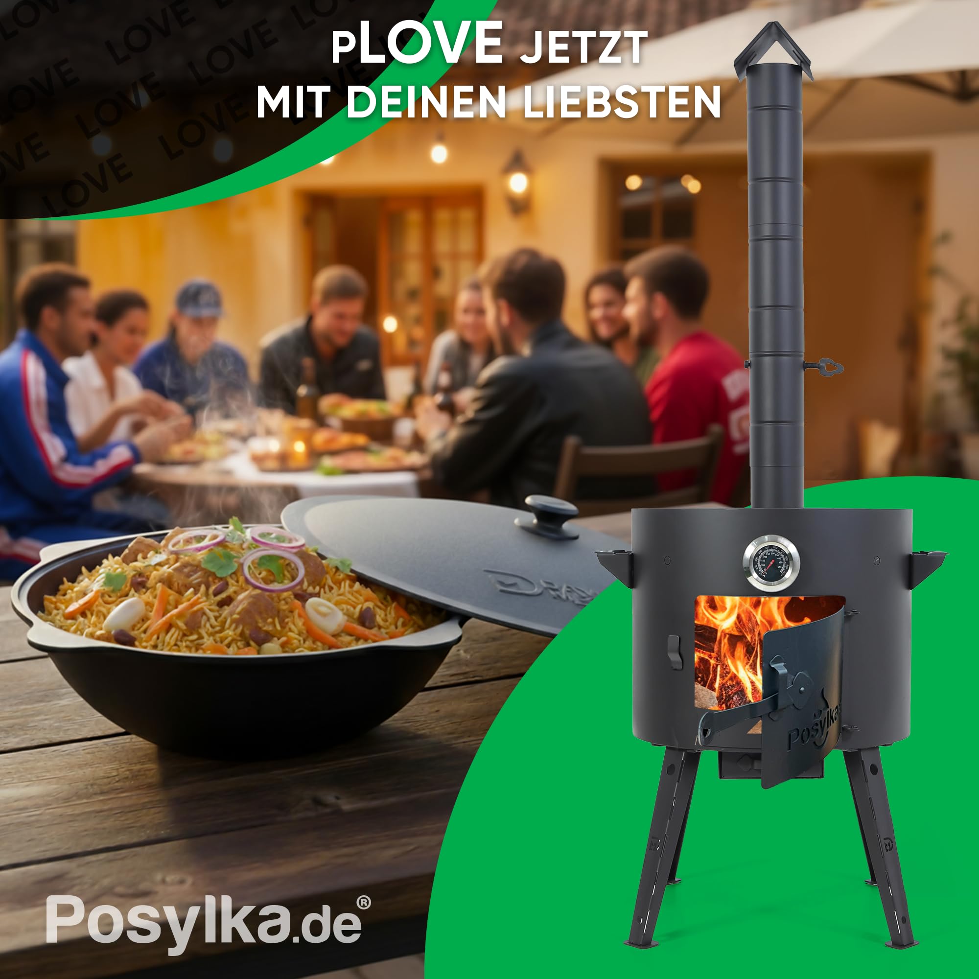 Kazan - Cuchara de hierro fundido Kazan (16 L, con estufa de fuego Utschak, diámetro de 44 cm, base redonda, para cucharón Plov, cuchara de madera, espátula Учак Учаг Uchag Asia (Set 6)
