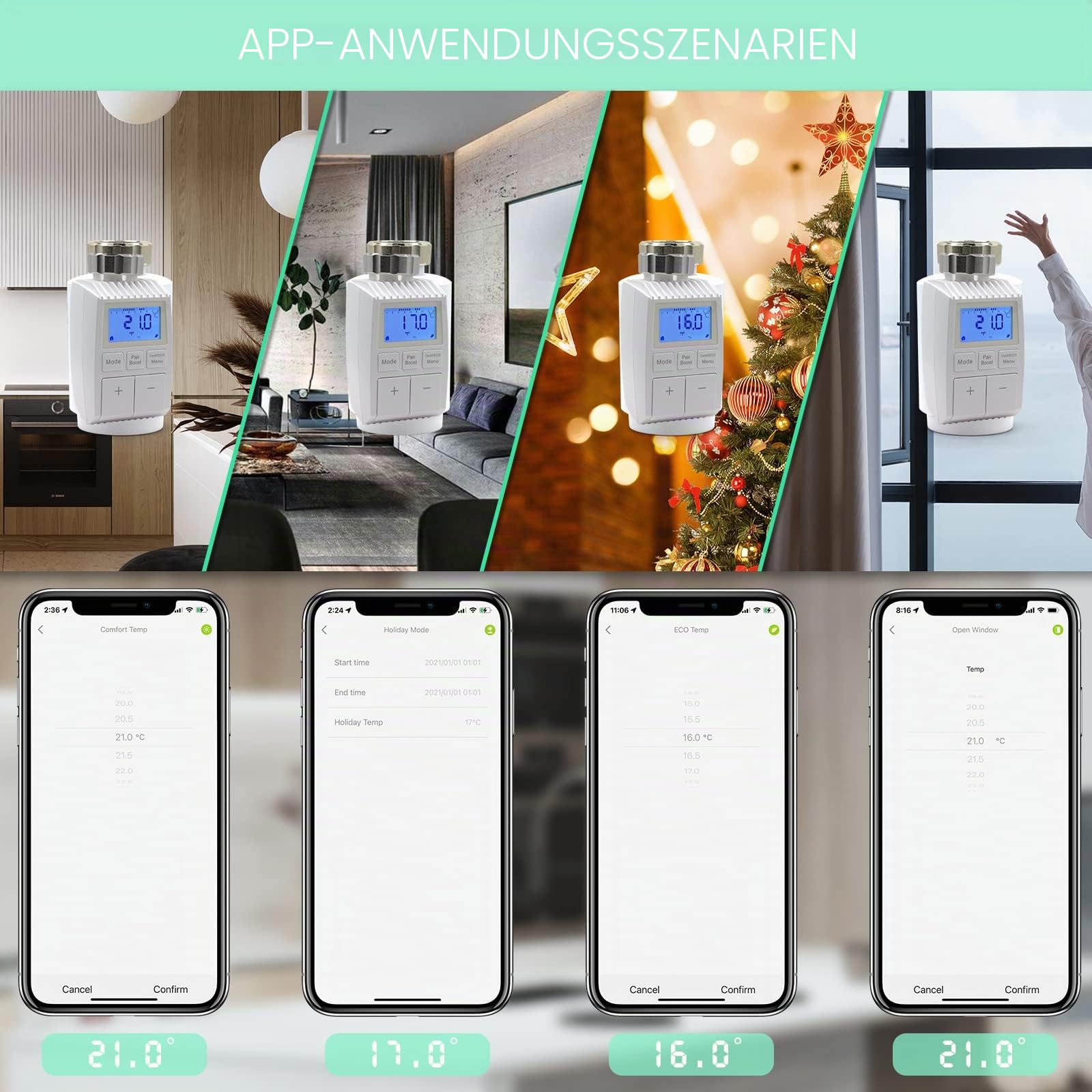 BSEED Smart Home 4er Pack Wifi Thermostat Heizung mit Zigbee Hub Heizkörperthermostat ECO Heizkosten sparen Heizkörperthermostatventil Alexa Google Home Tuya kompatibel LCD-Display ohne Batterien