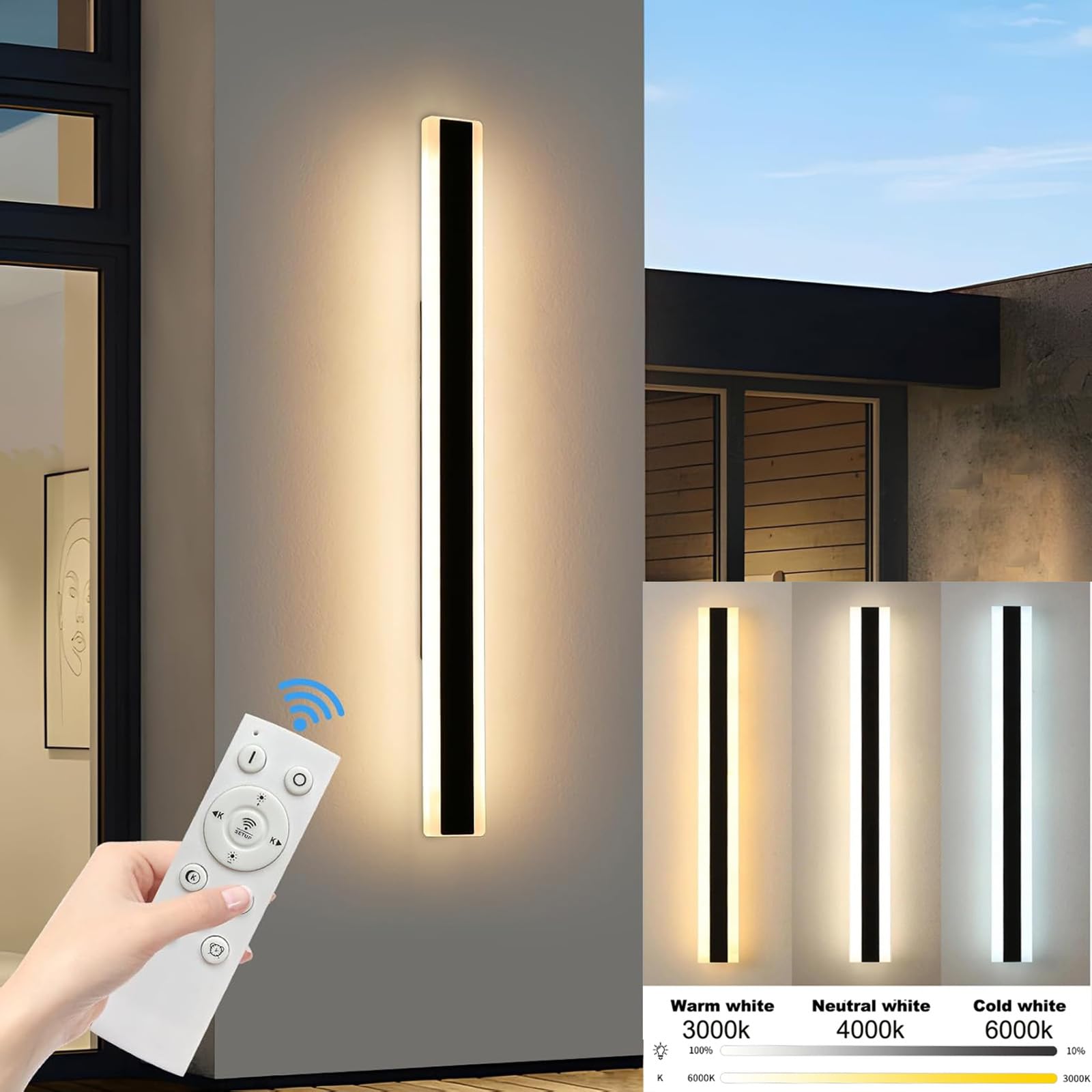 LED Außen Lange Wandleuchten IP65 Wasserdicht Dimmbar Wandlampen Wandbeleuchtung mit Fernbedienung Modern Aluminium Innen/Aussen für Gärten Villa Terasse Korridor Schwarze 3000K-6500K (D,60cm)