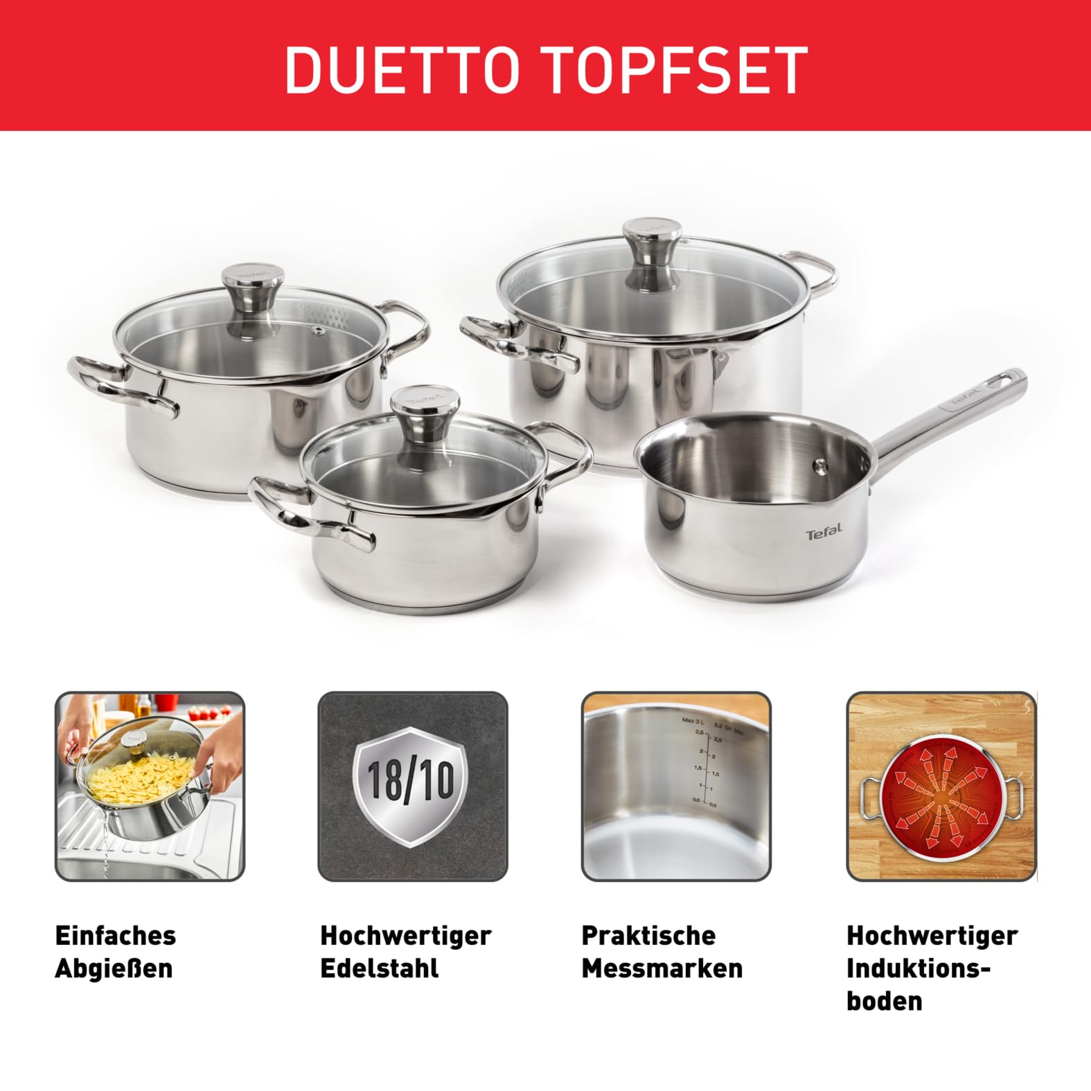Tefal Duetto Edelstahl Kochtopfset, 7-teilig, Töpfe induktionsgeeignet, für alle Herdarten geeignet, Kochtöpfe für Ceranfeld, backofengeeignet (außer Deckel), spülmaschinengeeignet, A705A8