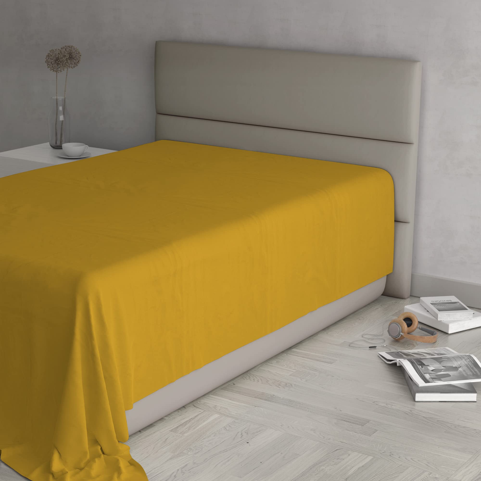 Max Color Top Sheet, 100% Cotton, Plain, Mustard, Queen Size 180 x 300 cm