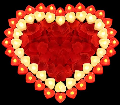 3000 pétalos de rosa artificiales con 36 velas LED en forma de corazón, pétalos de rosa para noches románticas, velas LED sin llama para decoración