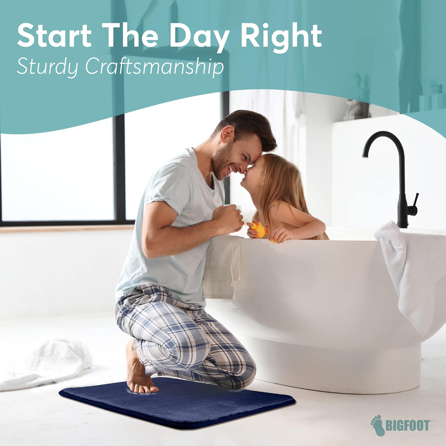 BIGFOOT Memory Foam Bath Mat 17 x 24 for Tub and Shower, Water Absorbent Non-Slip Bathroom Rug with Soft Velvet Top Layer, Thick Cushioning Foam with PVC Dot Bottom Layer Keeps Floors Dry, Navy