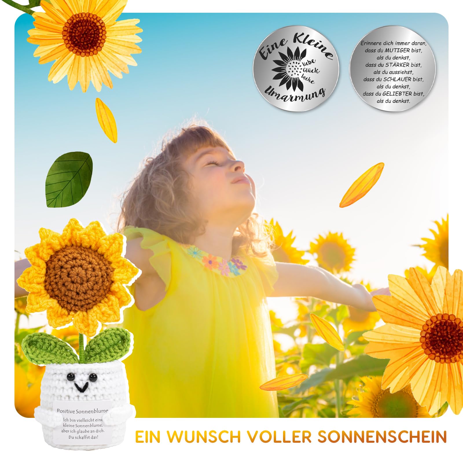 Gehäkelte Sonnenblume Geschenk - Pocket Hug Mit Karte Für Beste Freundin
