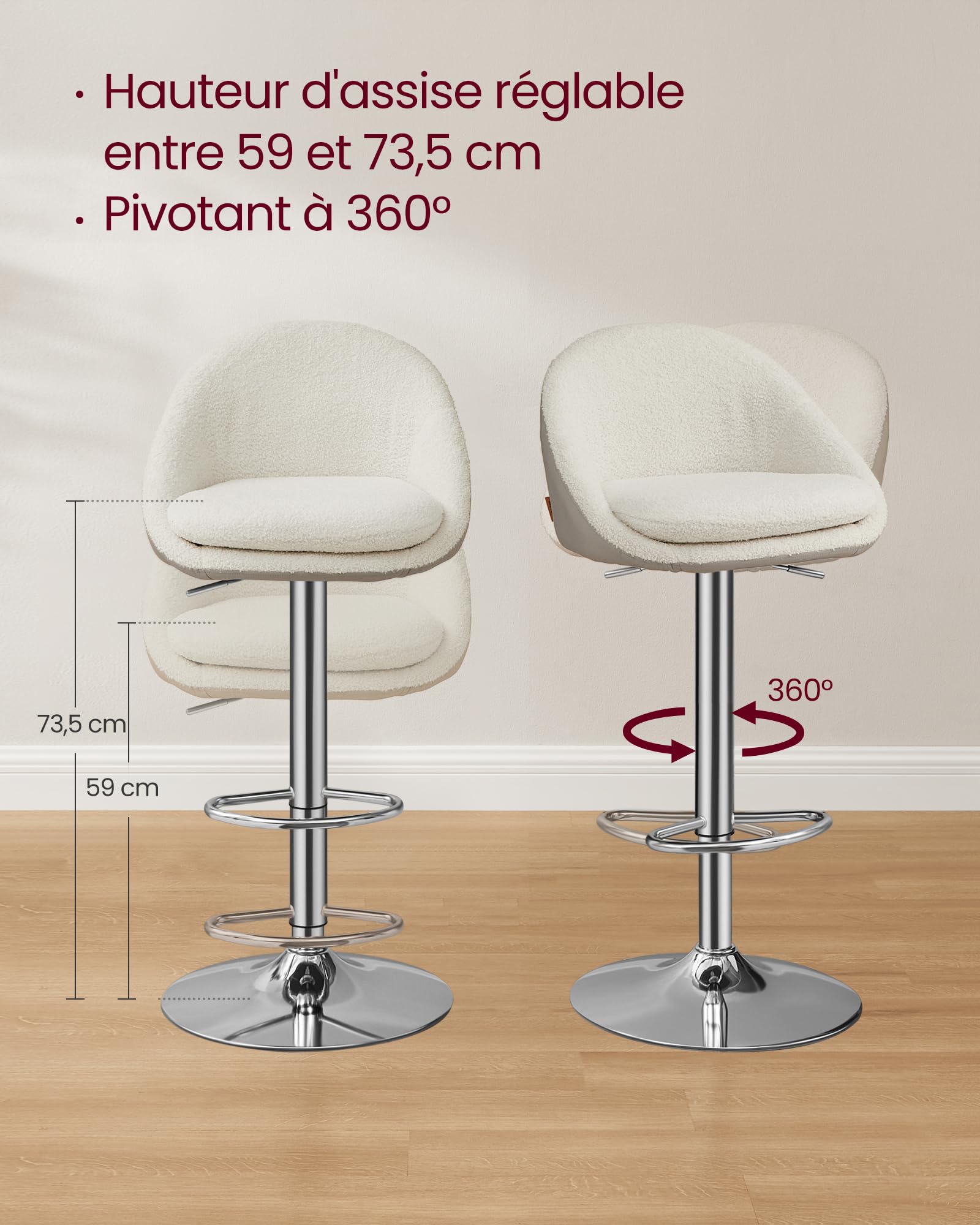 VASAGLE Tabouret de Bar, Lot de 2, Chaise de Cuisine, Réglable en Hauteur, Pivotant à 360°, avec Dossier, Socle, Repose-Pieds, Acier, pour Comptoir, Bar, Salle à Manger, Blanc Crème LJB110W01