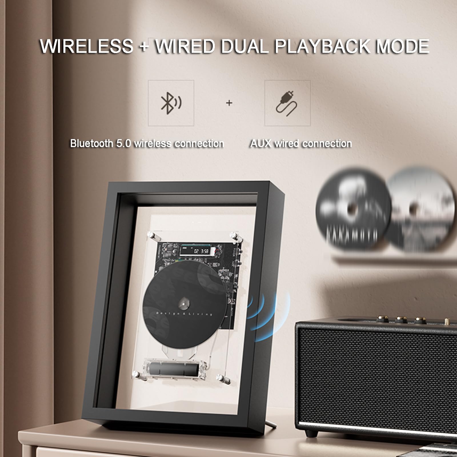 Reproductor de CD montado en la pared con control remoto, Bluetooth 5.0 y salida AUX de 3.5 mm, diseño de marco de música para decoración del hogar u oficina