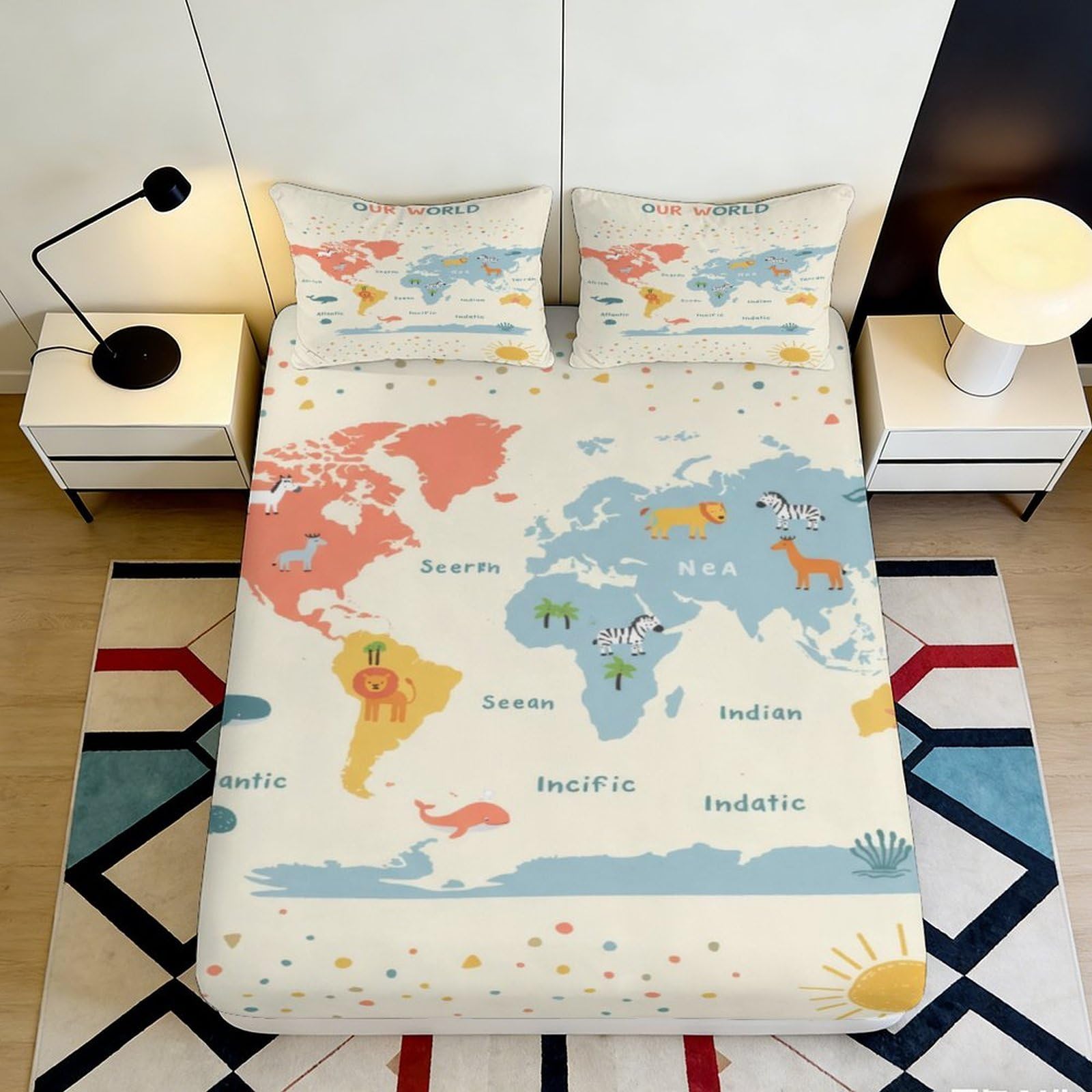 3D Printed World Map Animals Fitted Sheet Microfiber Soft Bed Sheet for Bedroom Dorm Decorative Protection 90x200x25cm
