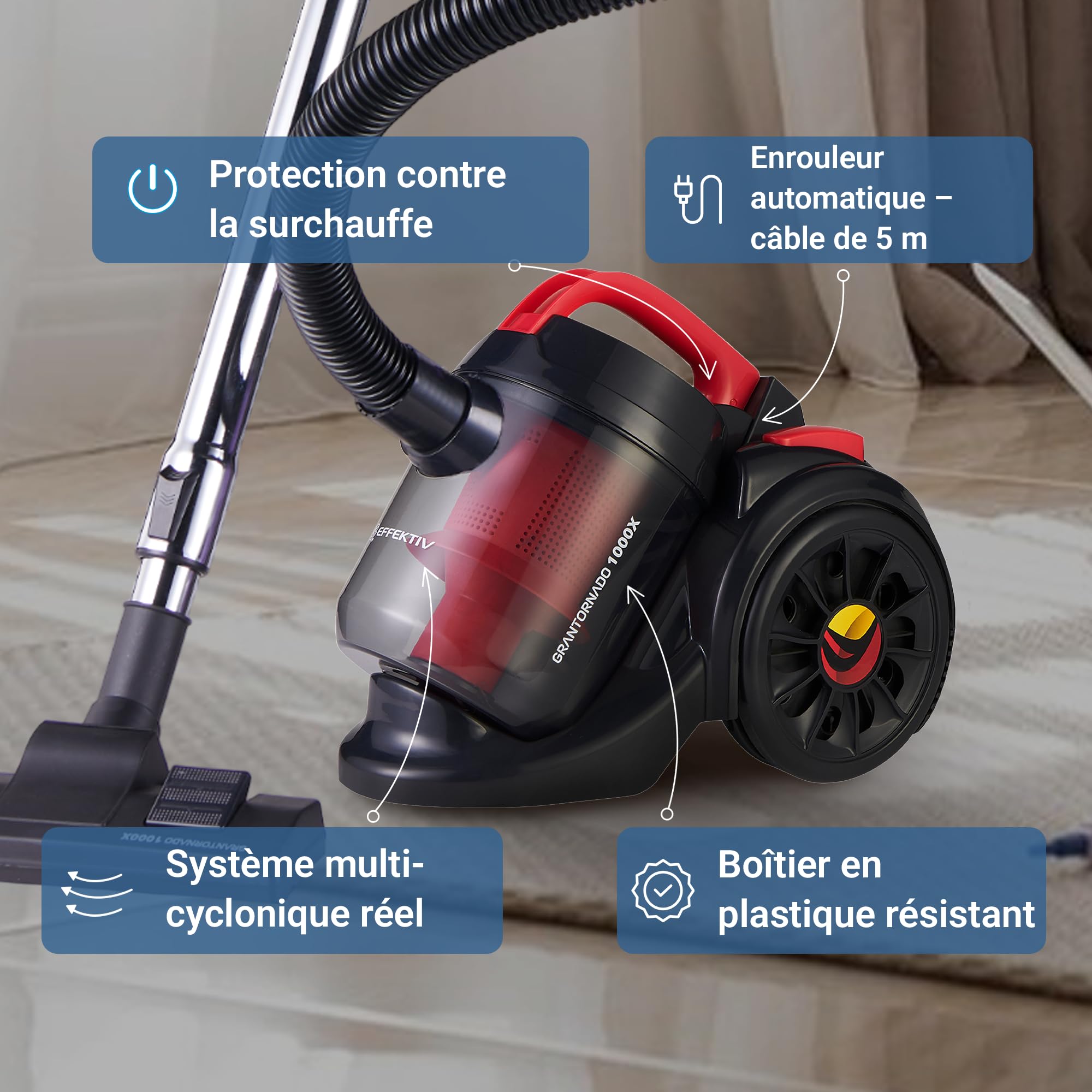 EFFEKTIV Aspirateur sans Sac GranTornado 1000X, MultiCyclonic 1200W Puissant Compact Aspirateur Traineau, Puissance 85000Pa, Capacité 2.5L, Silencieux 76dB, Filtre HEPA, Càble de 3m, Special Animaux