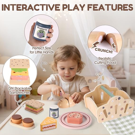 FIIOEOY Wooden Picnic Basket Toy for Toddlers, Kids Play Food Set with Dessert Food and Mat, Outdoor Pretend Play Kitchen Accessories Gift for Girls Boys 3 4 5 Years Old