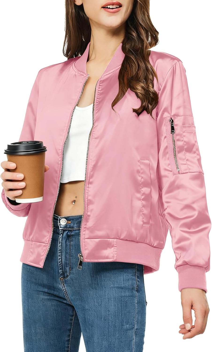 Rasujie Satin Bomber Jacket Women Zip Up Varsity Jacket Fall Windbreaker Outerwear with Pockets