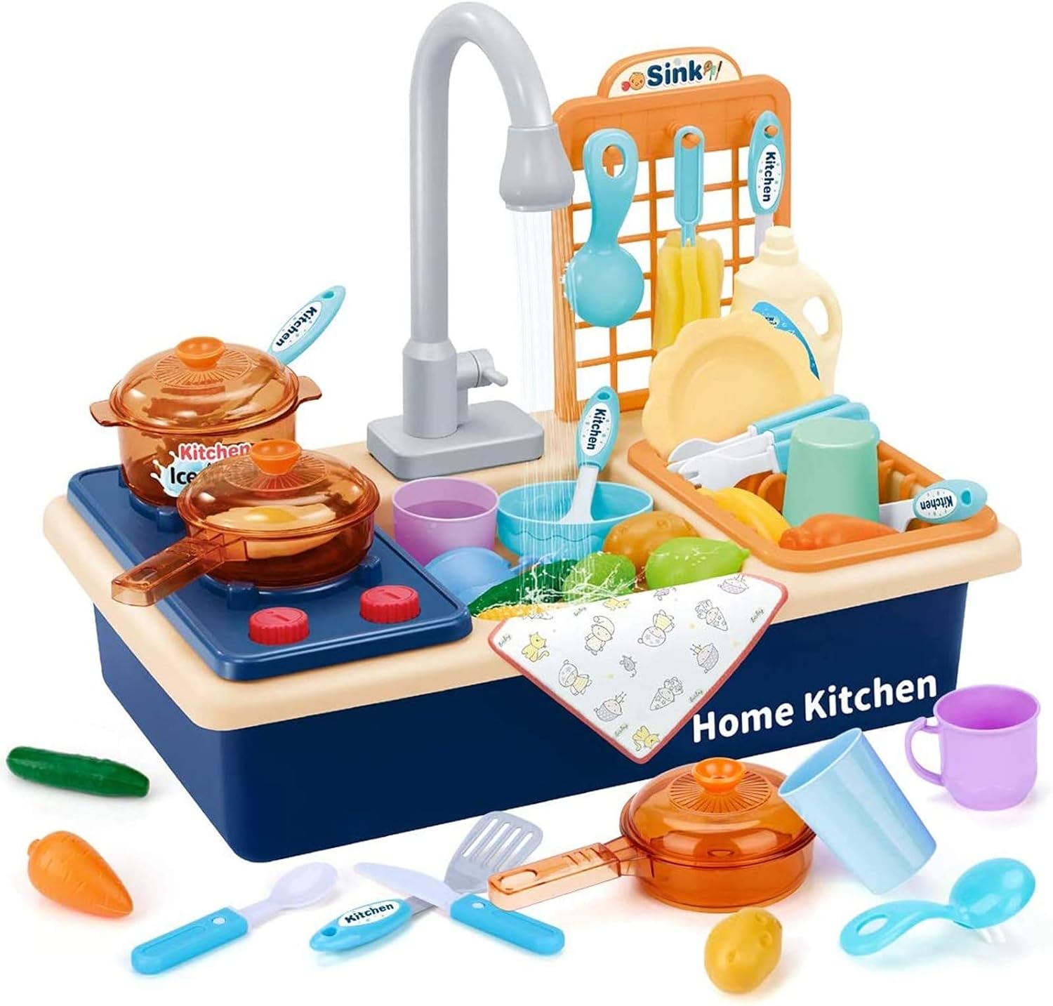 41pcs Pretend Wash-up Kitchen Sink Play Set Includes Cutting Toys, Play Cooking Stove , Kitchenware, Water Faucet & Drain - for Boys Girls Educational Gifts