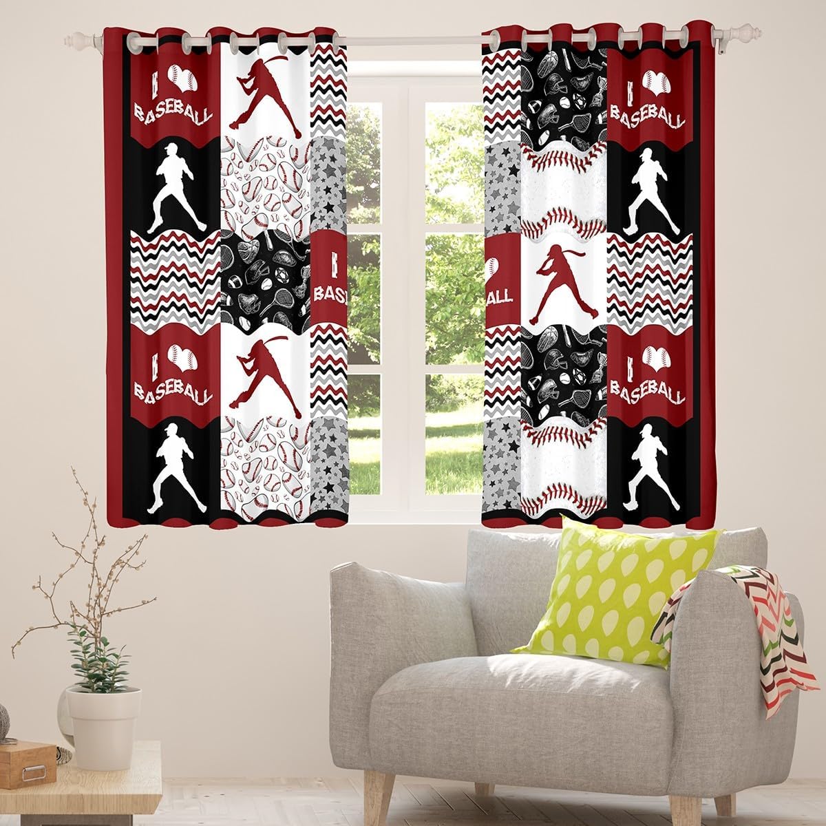 Baseball Blackout Curtains Boys Girls Sports Curtains & Drapes, Red Black White Grey Curtains Geometric Stripe Black Out Curtains, Ball Games Patchwork Window Drapes Baseball Player Bedroom Decor