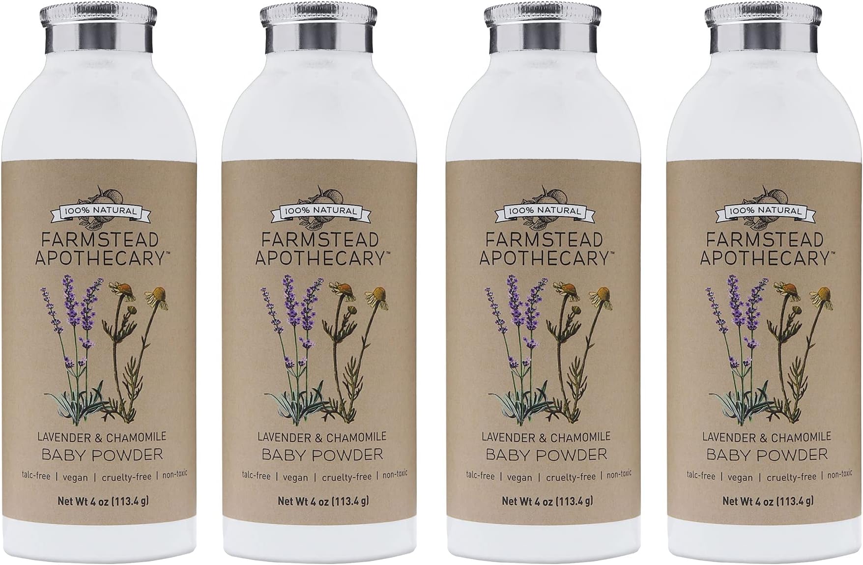 Farmstead Apothecary Plant-Based Baby Powder- (Talc-Free) with Chamomile, Calendula & Lavender 4 oz Each (4 Pack)