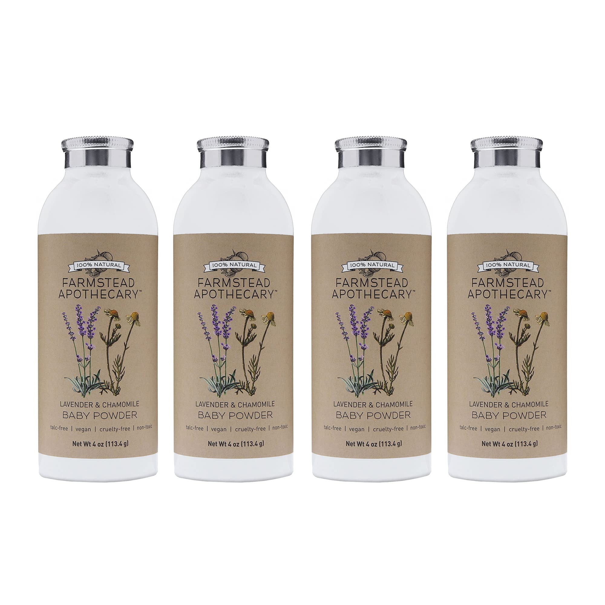 Farmstead Apothecary Plant-Based Baby Powder- (Talc-Free) with Chamomile, Calendula & Lavender 4 oz Each (4 Pack)