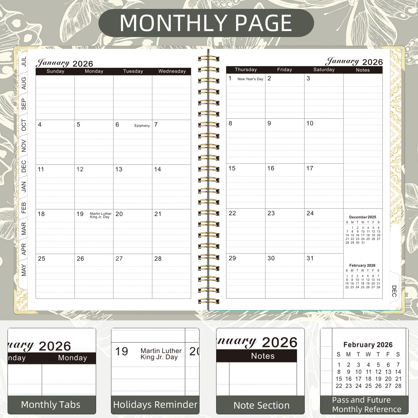Knagsfa 2026 Planner, Jan.2026 - Dec.2026 Planner Weekly and Monthly 6.25"x8.5" with Page Tabs, Calendar Hardcover with Inner Pocket, Elastic Band, Twin-Wire Binding, Bookmark, Gray Butterfly - Image 4