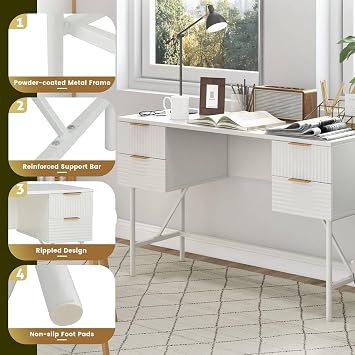SFAREST Computer Desk with Drawer, Large Study Writing Table with Metal Frame, Modern PC Workstation Desk White for Home Office (White, 120 x 48 x 75 cm)