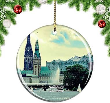 Germany Alster Lake Hamburg Christmas Xmas Tree Ornament Decoration Hanging Pendant Decor City Travel Souvenir Collection Double Sided Porcelain 2.85 Inch