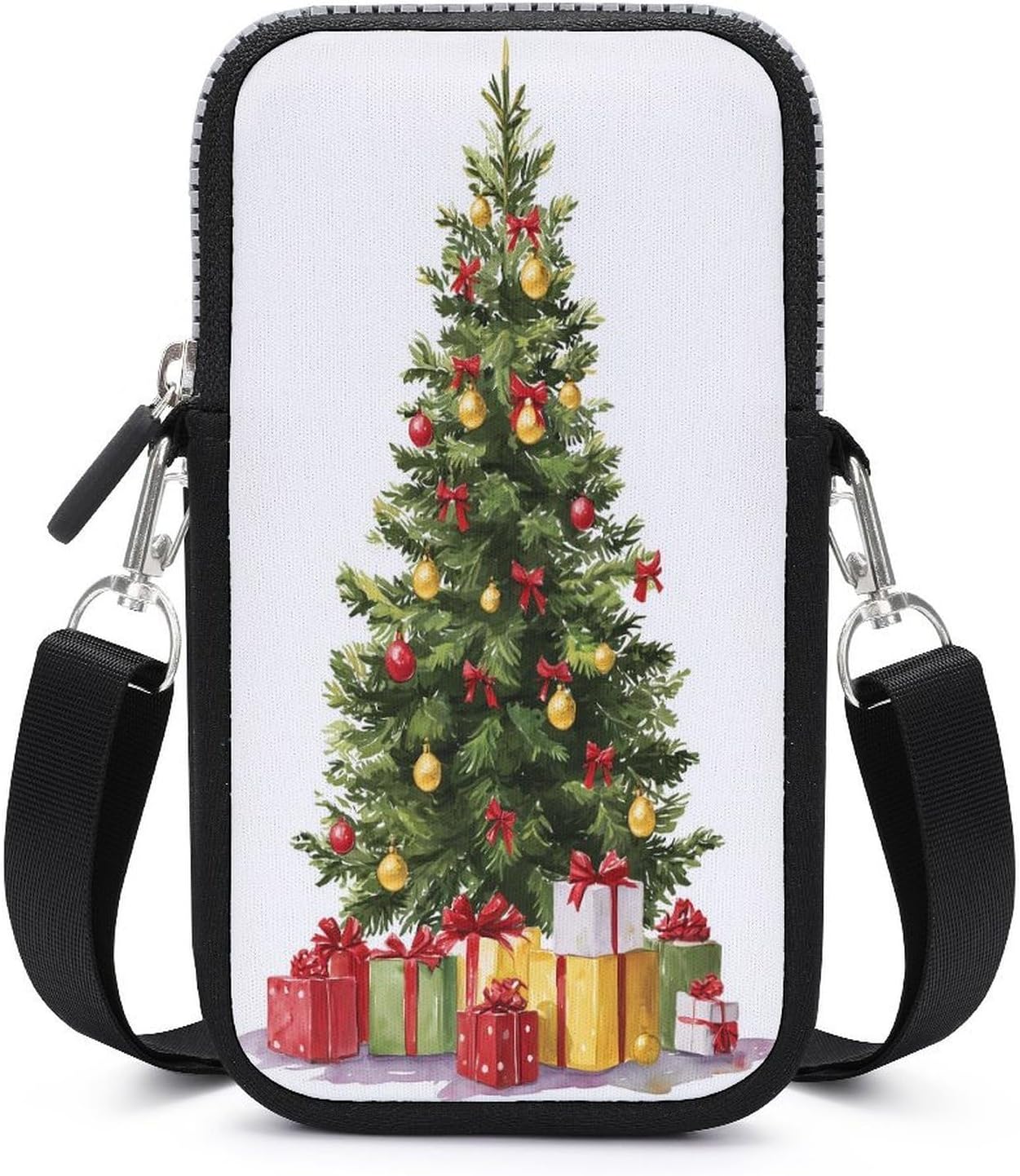 Watercolor Christmas Tree Balls Red Bows Crossbody Mobile Phone Bag Smartphone Bag With Adjustable Strap