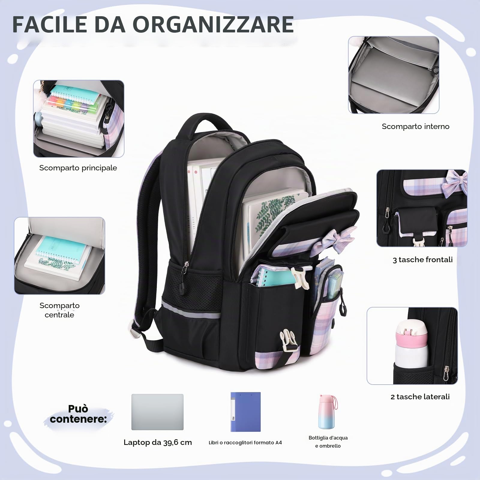 Amythe Zaino per Ragazze Delle Scuole Elementari e Medie 3 pezzi con Lunch Bag e Astuccio, Cartella Scolastica per Ragazze di 9-16 anni, Zainetto per Bambini Carino e Casual, Nero
