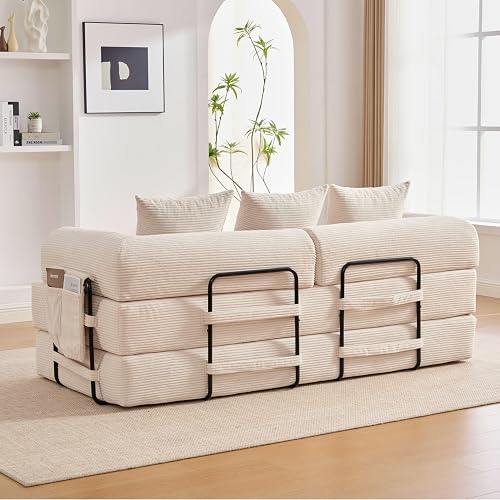2 Seater Corduroy Sofa Bed, Multifunctional Modern Convertible Sofa, Side Pockets and 3 Cushions, DIY Free, for Living Room, Bedroom, Office (Beige-L) - 5
