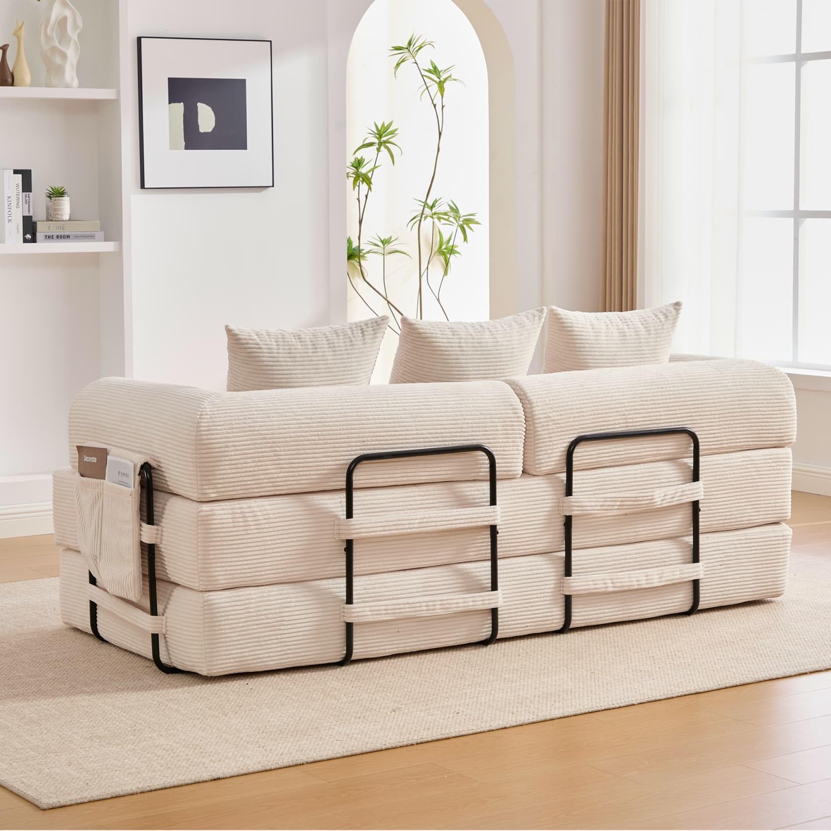 Canapé 2 Places en Velours côtelé,Canapé Lit Convertible Multifonctionnel Moderne,Poches Latérales et 3 Coussins,DIY Libre,pour Salon,Chambre,Bureau (Beige-L)