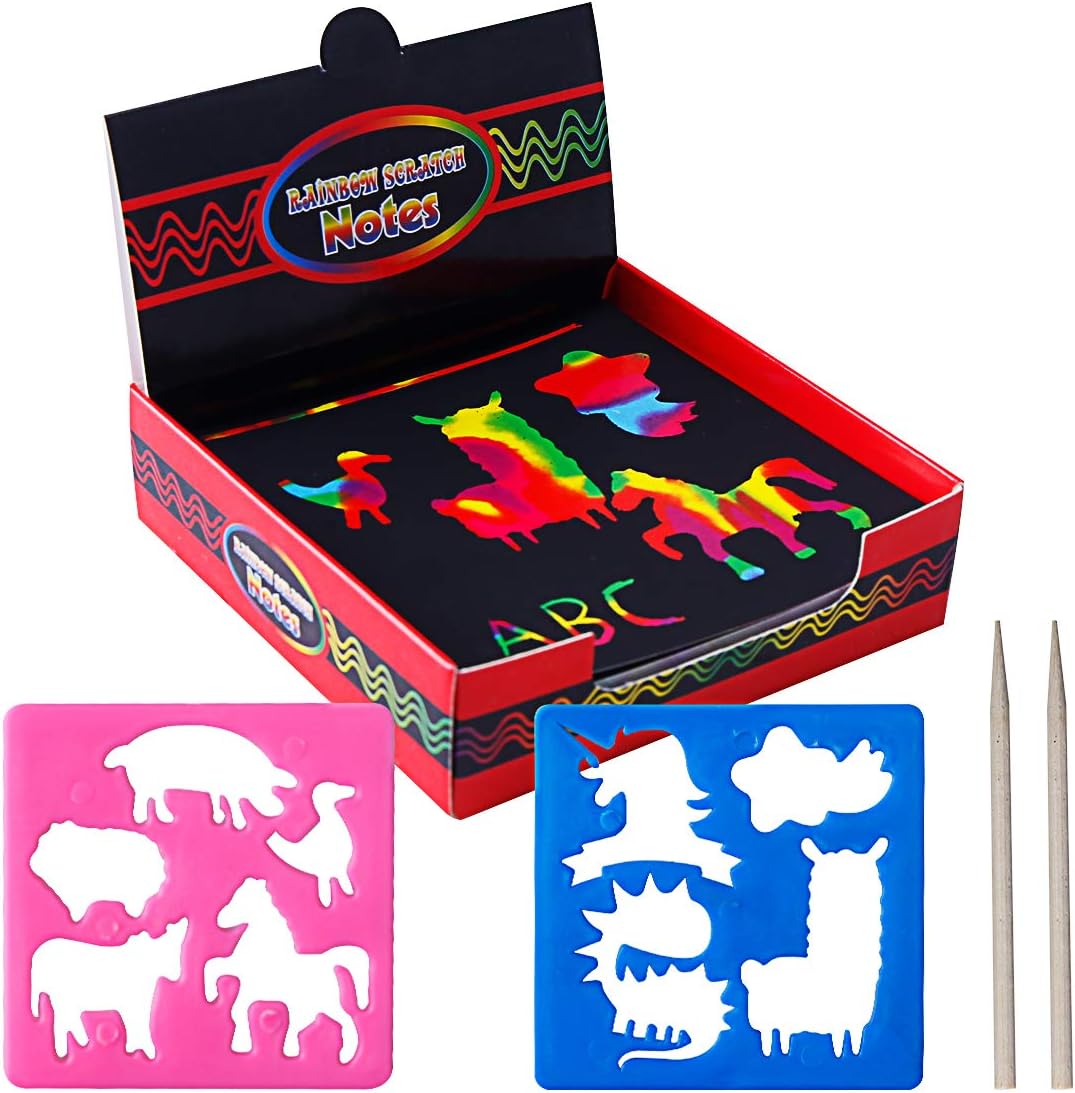 100 Sheets Rainbow Scratch Arts with 1 Wooden Stylus & 2 Stencils Arts