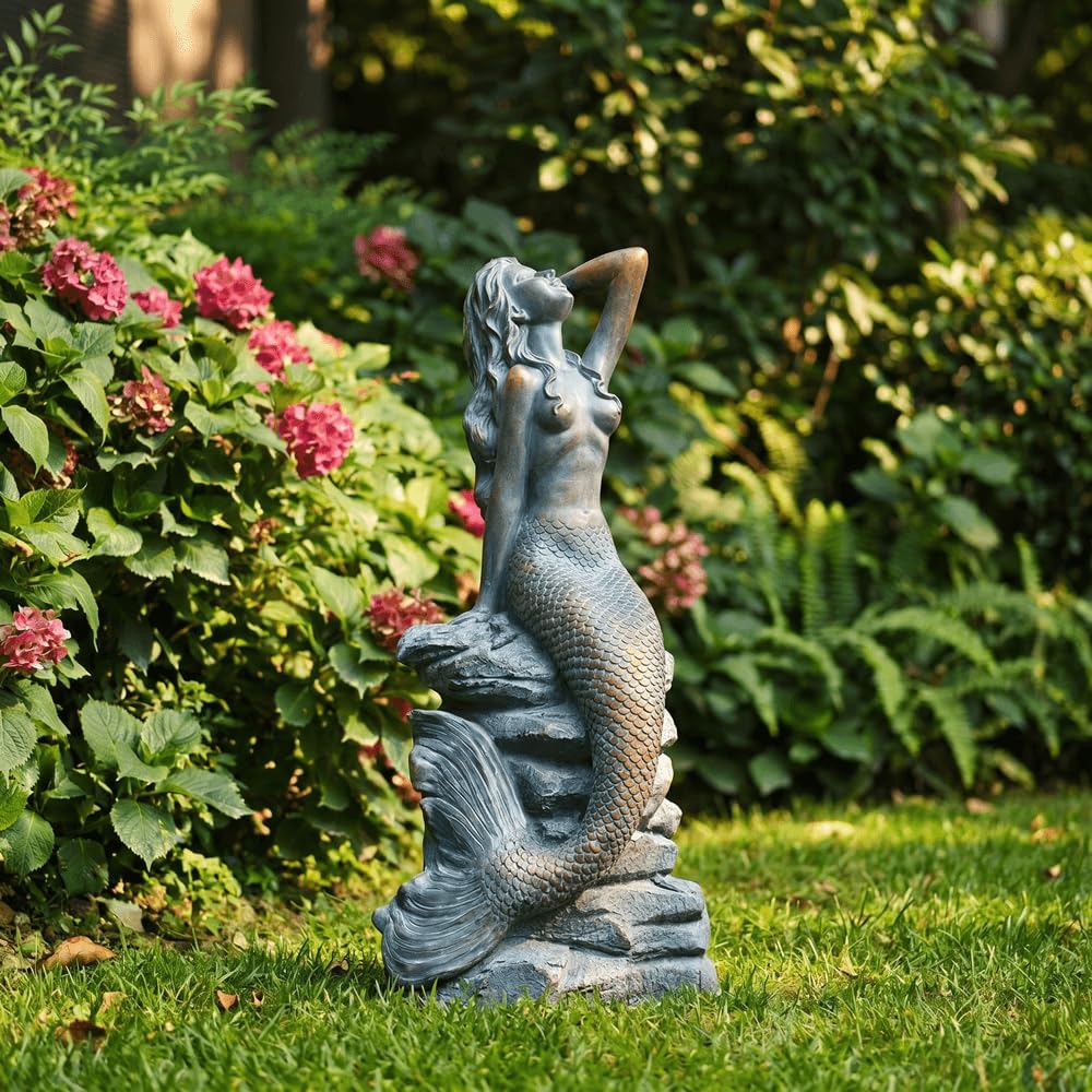 OUTOUR Mermaid Garden Statue 68.5cm Tall – Resin Mermaid on Ocean Rock Sculpture, Patina Finish Outdoor Decor for Lawn, Patio, Pool, Yard & Home, Large Fairy Tale Mermaid Figurine