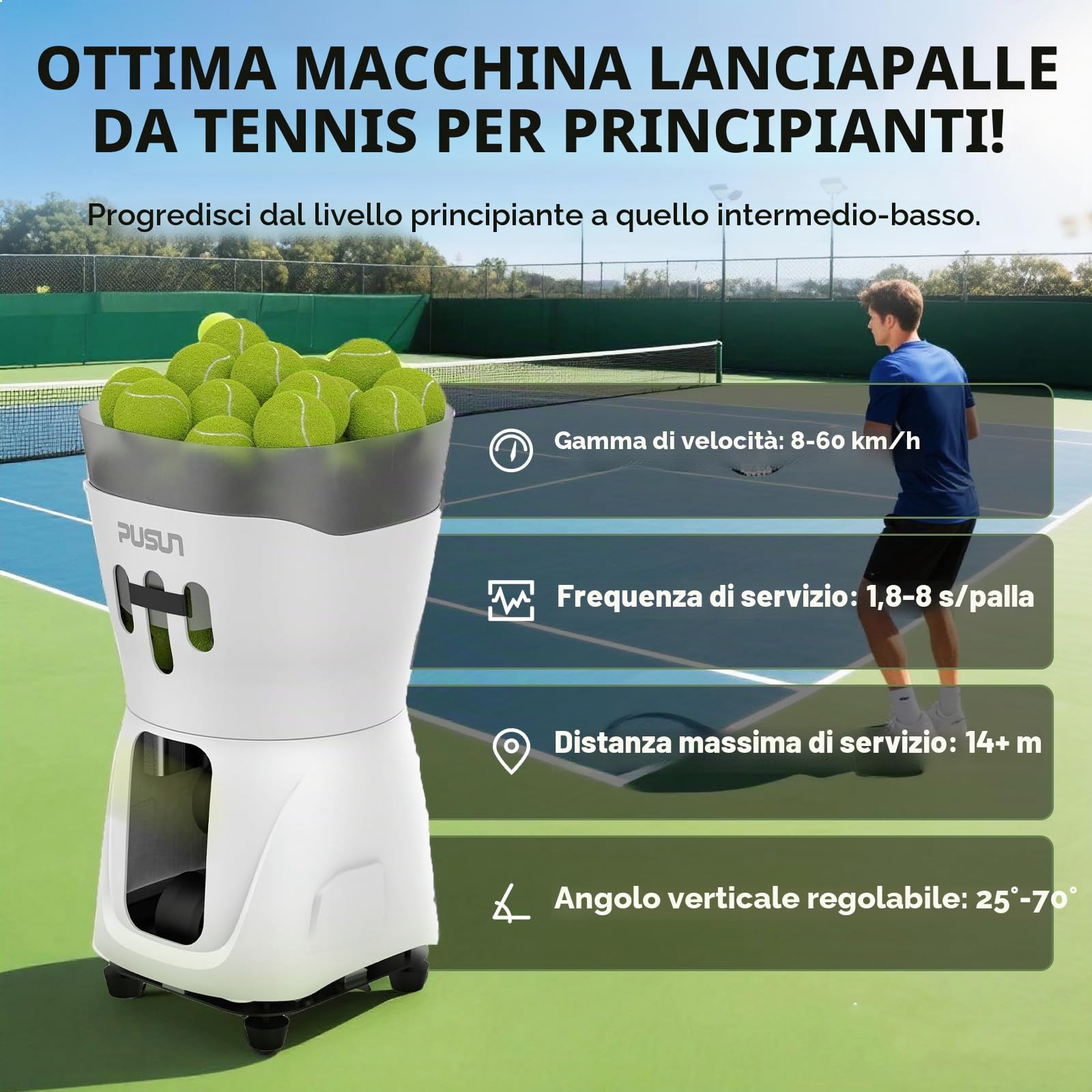 PUSUN Macchina portatile per palline da tennis, PT-Mini Pro, per pratica e allenamento, supporta app e telecomando; contiene 65 palline in una volta, facile da usare