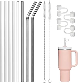 TRUEIN Stanley Adventure 8 Pack Reusable Straws for Stanley Mugs 11.8oz 12.8inch Plastic Mug with 2 Cleaning Brushes and 4 Stainless Steel Straw Lid