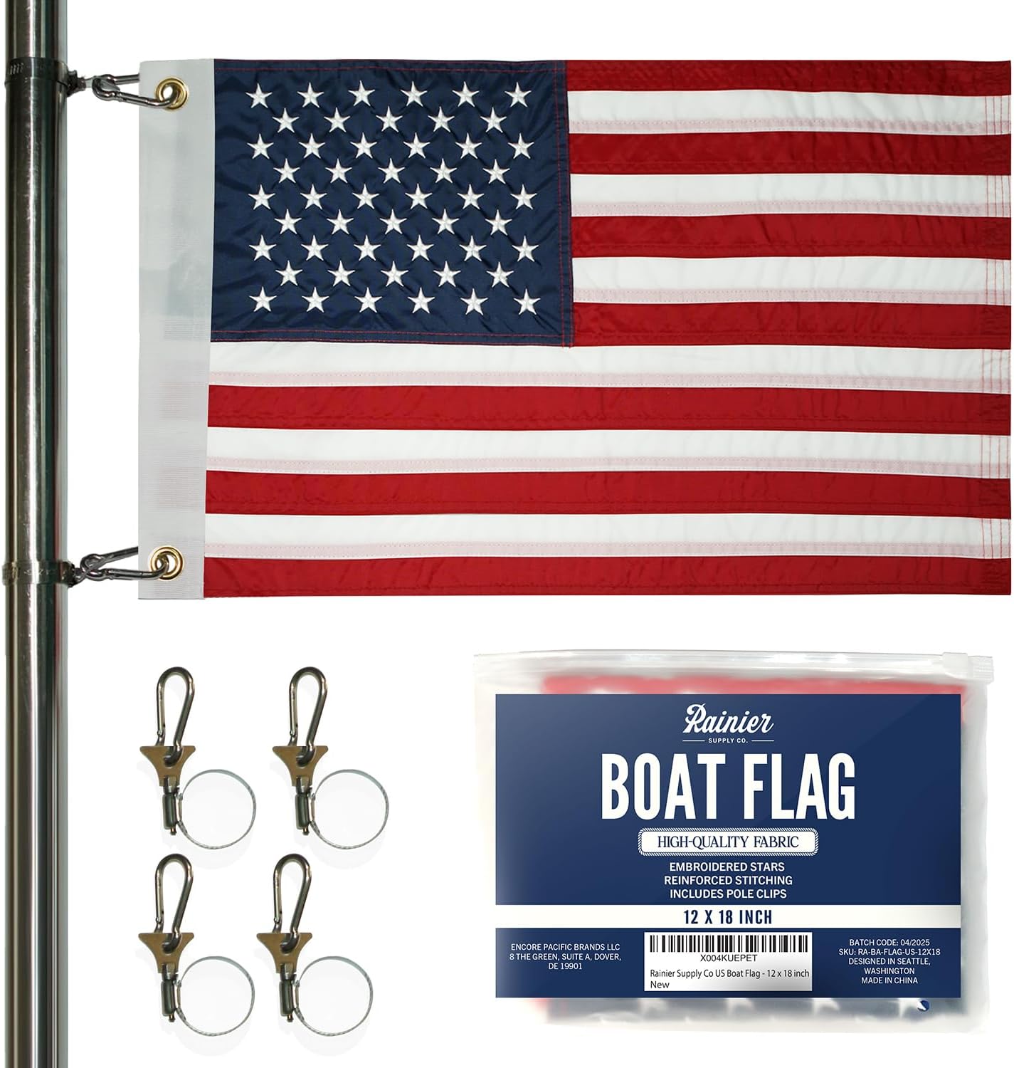RainierSupplyCo American Flag for Boat - 12x18 USA Boat Flags with Embroidered Stars, Sewn Stripes, 2 Brass Grommets, 4 Heavy Duty Clips - Outdoor US Banner for Pontoon, UTV, Boating Accessories