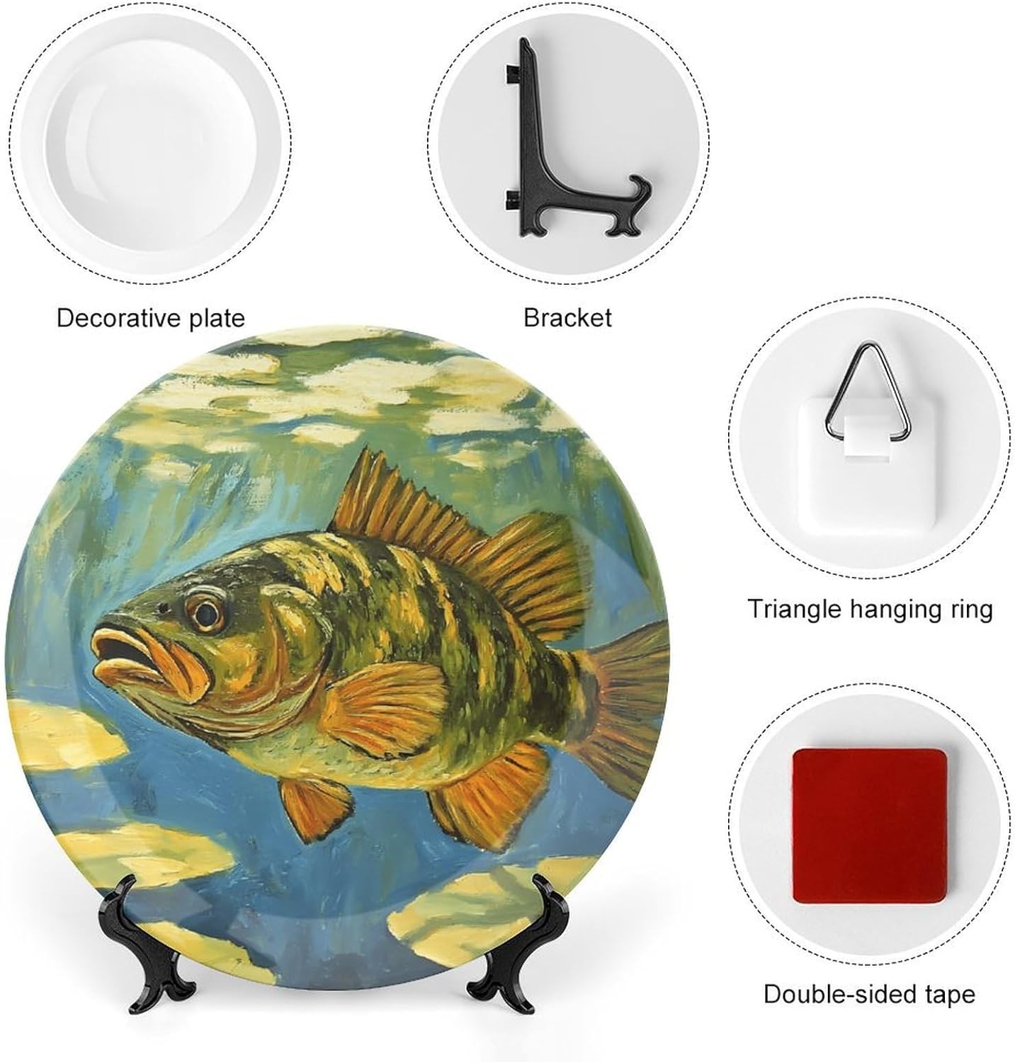 Underwater Bass Fish Decorative Plates for Display Ceramic Plate Tray with Stand Hanger Home Decor