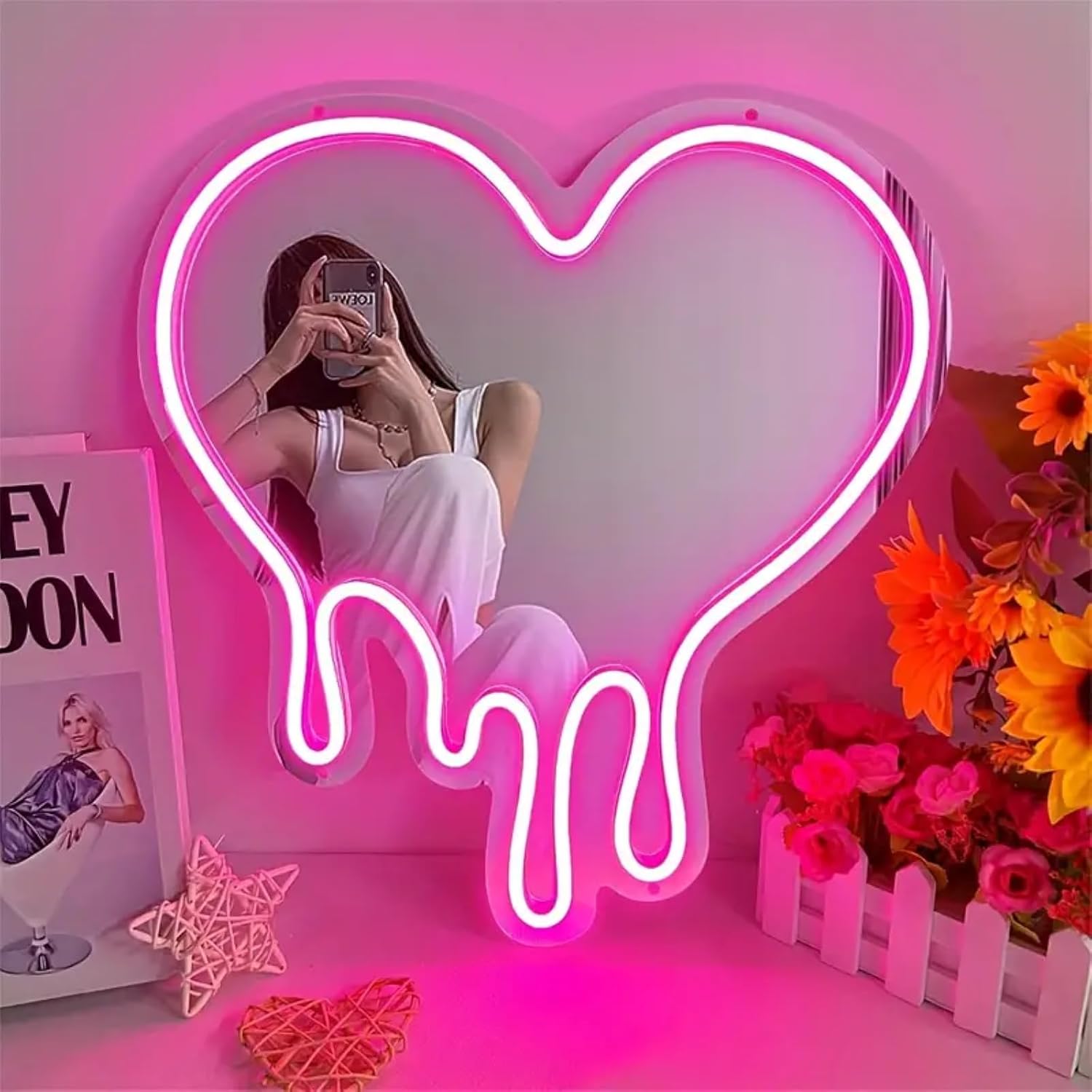 Heart Neon Sign Light Melt Heart Neon Light Mirror Sign LED Pink Heart Neon Sign Light for Bedrooms Girls Rooms Parties Studios Beauty Salon Decor Birthday Gifts
